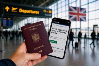 Pașaport și telefon mobil într-un aeroport, pentru un articol despre imigrația în UK