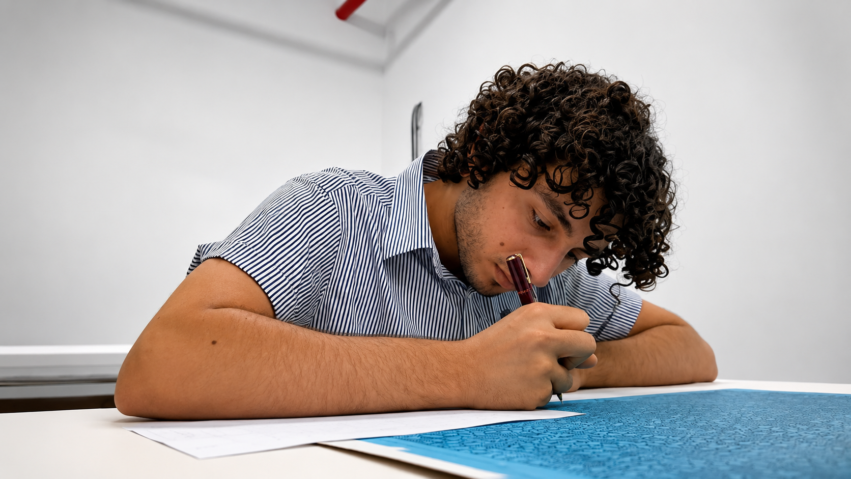 Iustin lucrând la un proiect universitar de fashion design