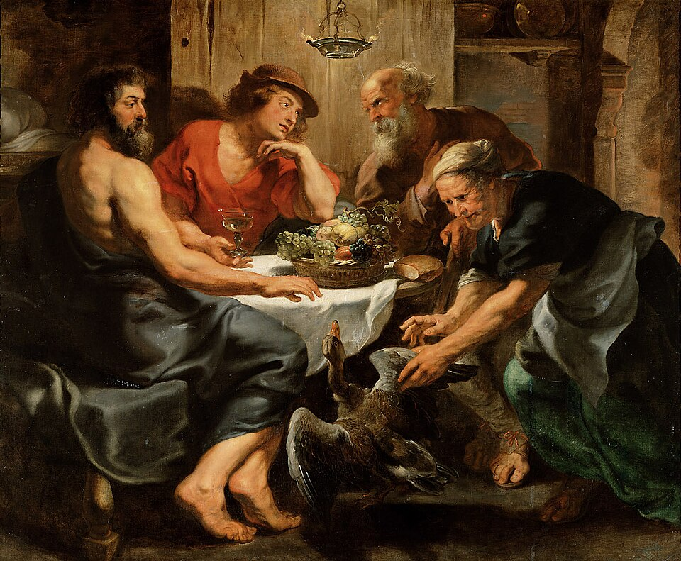 „Jupiter și Mercur la Filemon și Baucis”, atelierul lui Peter Paul Rubens, circa 1620–1625. Pictura ilustrează episodul ospitalității descris de Ovidiu în „Metamorfoze”. Colecția Kunsthistorisches Museum, Viena. Sursa reproducerii: Wikimedia Commons.