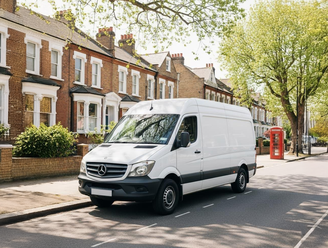 Dubă de lucru parcată pe o stradă rezidențială din Marea Britanie.